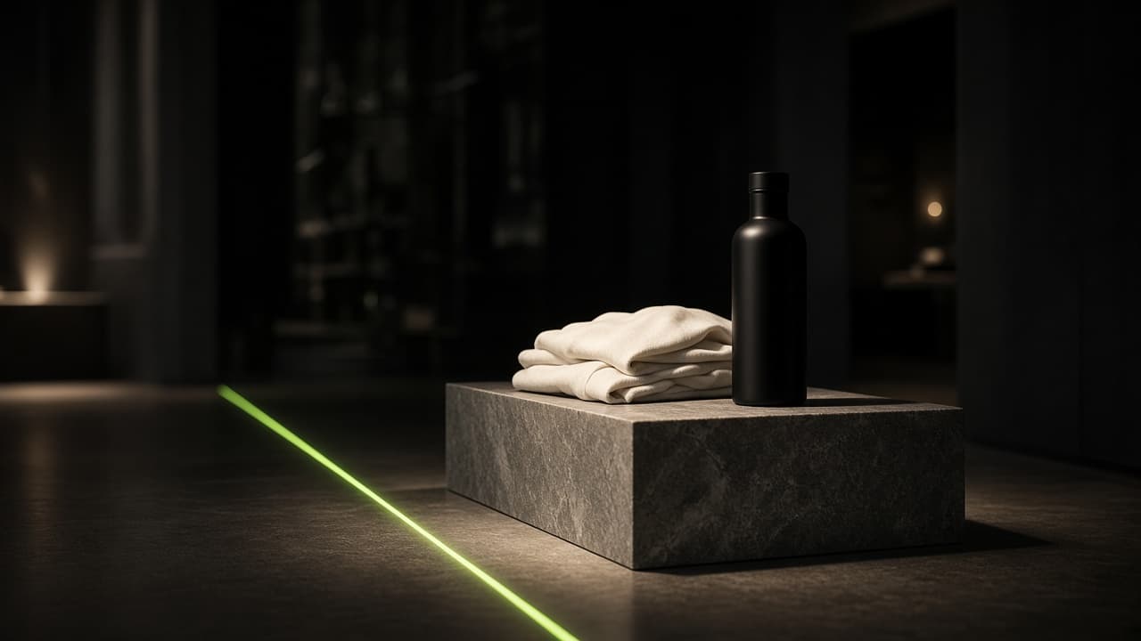 Dark editorial still life of a product with a single path of light suggesting paid acquisition into a storefront