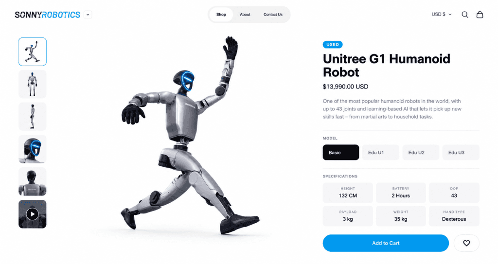 Example product page from the Sonny Robotics catalog, with photography, specifications, and add to cart
